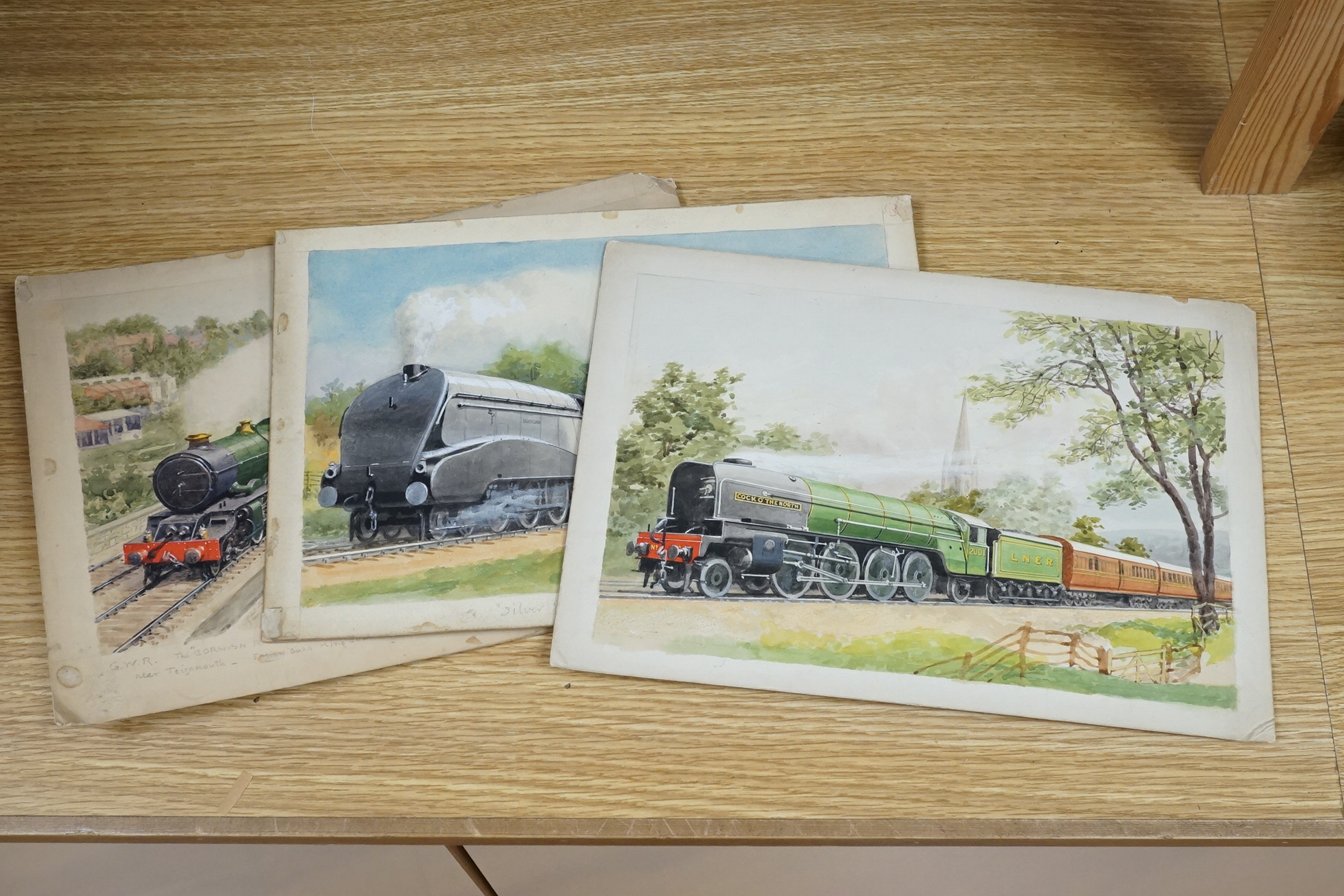 Charles Thomas Howard (1865-1942), set of three watercolours for original postcard designs, steam locomotives, including LNER Class A42509 Silver Link and GWR King Class 6029 King Edward VII, two signed, 22 x 32cm, unfra